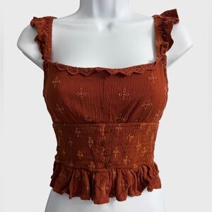 Dizzy Lizzy Burnt Orange Smoked Peplum Crop Top Women Size XS Romantic Feminine